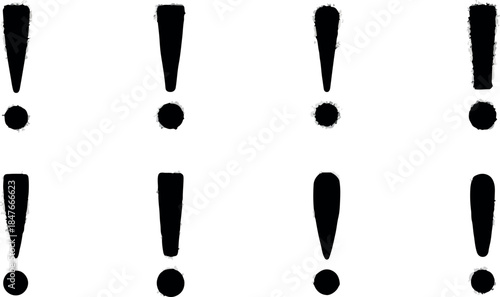 Eight black distressed exclamation marks arranged in two rows of four