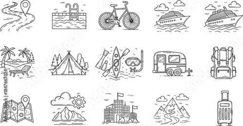 Travel, Tourism, and Vacation Line Icons Set, Mountain Trip, Cruise Ship, Camping, and Destination Map Outline Symbols Vector Collection