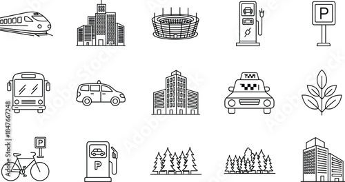 Urban City and Transportation Line Icons, Travel, Public Transport, Building, Stadium, Eco Vehicle, Gas Station, Trees, Parking Signs, Black Outline Vector Set.
