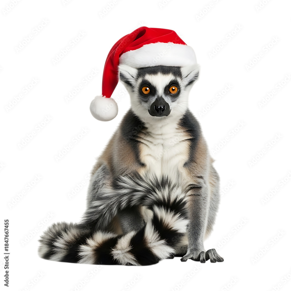 Naklejka premium Lemur wearing santa hat sitting on white background