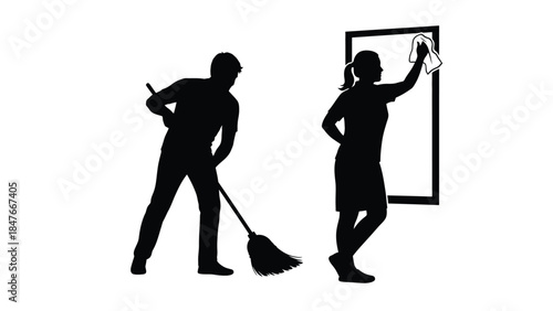 Silhouette of a man sweeping and a woman cleaning a window representing teamwork