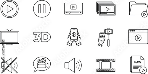 Video, Media, and Playback Line Icons Set, Entertainment, Digital Content, Broadcasting, and Audio Volume Outline Symbols Vector Collection