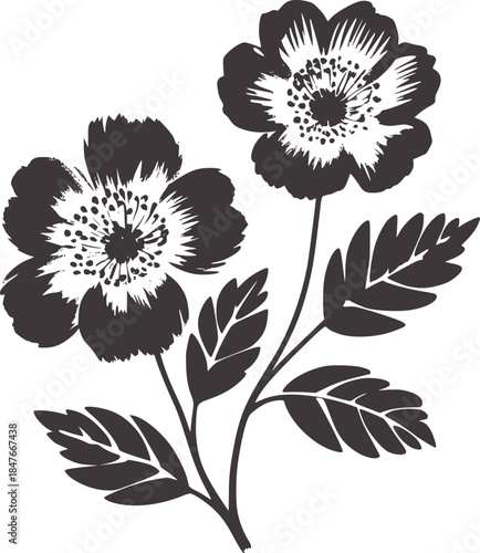 Black and white ink painted flowers with dark leaves stems