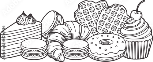 Black and white line of assorted pastries and sweets