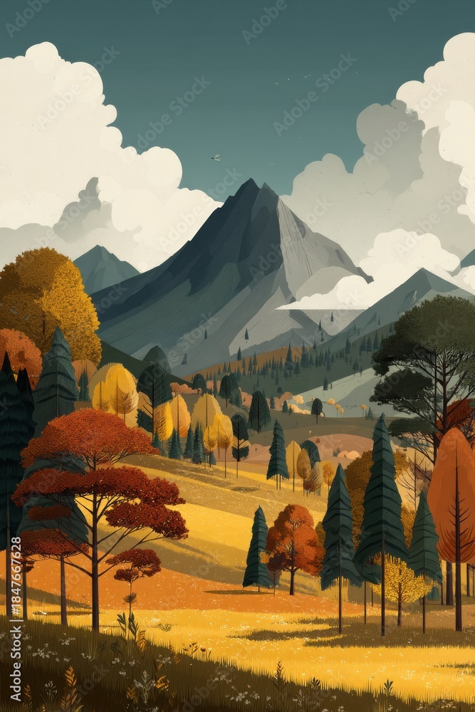 Fototapeta premium Autumn mountain landscape with colorful trees, golden meadows, and expansive sky under dramatic clouds