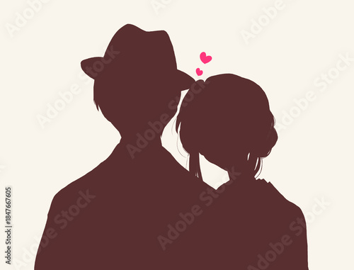 寄り添う着物を着た男女　帽子　恋愛　バストアップ　シルエット