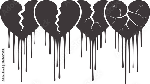 Four dripping black broken hearts digital monochrome