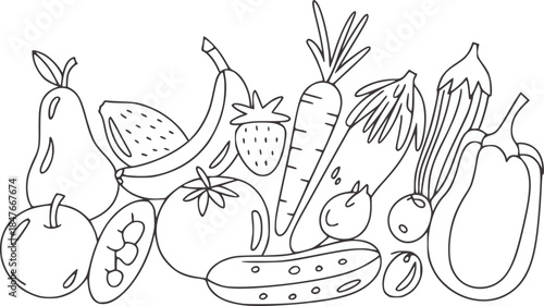 Hand drawn black and white line of assorted fruits and vegetables