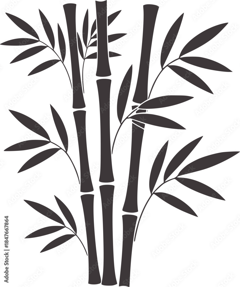 Obraz premium Three black bamboo stalks with symmetrical leaves white