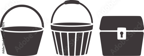 Three black silhouette of basket bucket and treasure chest