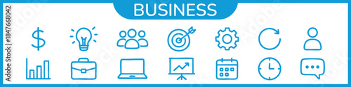 Set of 14 Business icons. Business and Finance web icons in rough minimal line icons style. Money, bank, contact, infographic. Icon collection. Vector illustration