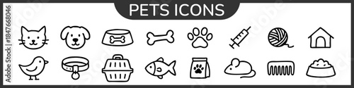 Pet and Veterinary Line Editable Icons set. Vector illustration for web and mobile app. Domestic pets related icons: dog, cat, pet carrier, pet bowl, and more. Rough Minimal Line Icons