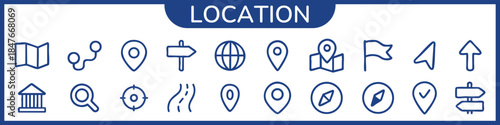 Location Web Icon Set in Rough Minimal Line Style. Collection of Map Pin Linear Icons, Including Address, place, location, gps, directions, navigation, map, distance, map marker and More