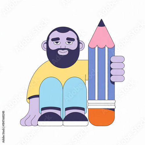 Illustrative Creator and his Tool: A stylized individual embraces a colossal pencil, symbolizing the core tools of creativity and design. A bold, graphic representation of a creator at work.