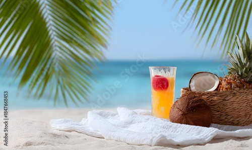 Fototapeta Naklejka Na Ścianę i Meble -  a white cloth is laid out on the sand with a basket of fruits, a glass of bright cocktail, and a pineapple. Next to it is a halved coconut. In the background, there is the sea, sky, and palm leaves