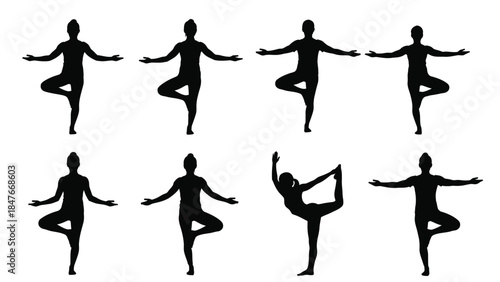 Collection of female yoga silhouettes demonstrating various tree pose balance and flexibility