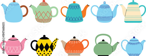 Colorful Teapot Collection with Different Shapes Patterns and Styles in Cute Flat Cartoon Vector Illustration