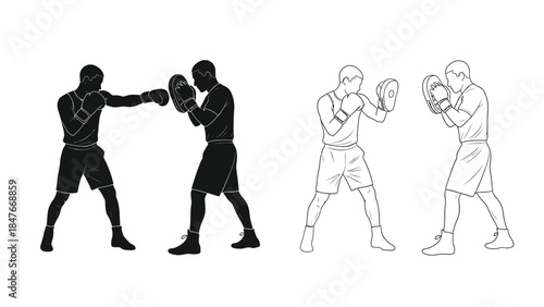 Boxing training silhouettes and line art showing mitt work practice for fitness