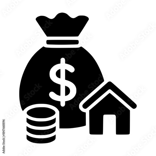 Black vector icon of a money bag with coins and a house
