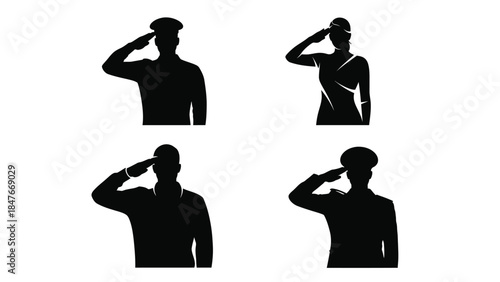 Four black silhouette icons depicting male and female military personnel rendering salutes