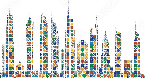 Colorful geometric skyscrapers with mosaic patterns