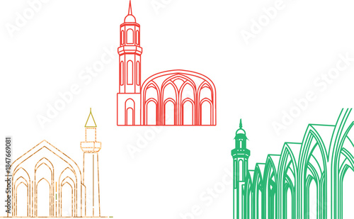 Colorful Gothic Cathedral and Minaret Line Gothic architecture