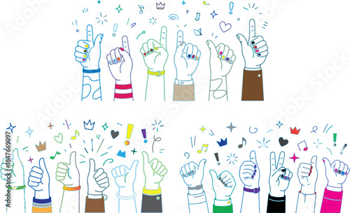 Colorful hands with thumbs up and peace signs surrounded by symbols