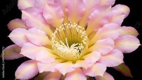Pink cactus bloom in macro. Petals fade from pink to yellow; yellow stamen burst from center, contrasted on black