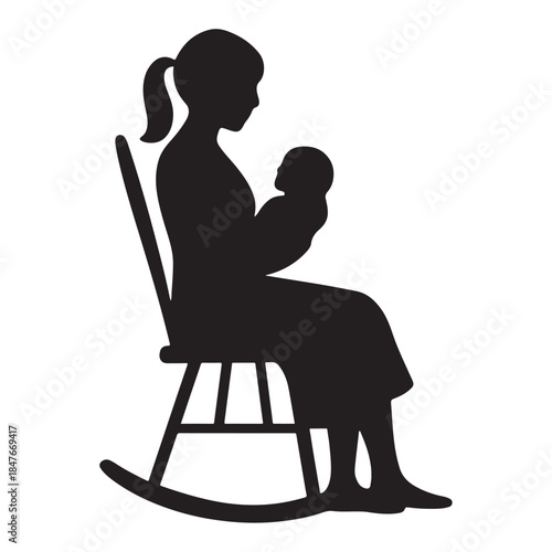 Mother gently holding her newborn baby while sitting in a rocking chair, silhouette.