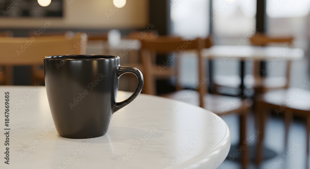 Obraz premium Coffee Cup on Minimalist White Table Inside Modern Café Interior