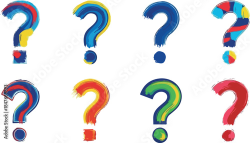 Eight colorful textured question marks arranged in two rows on white