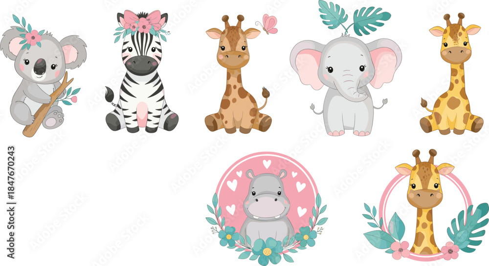 Fototapeta premium Cute Baby Safari Animal Illustration Set with Giraffe Elephant Zebra and Koala in Soft Pastel Flat Vector Style