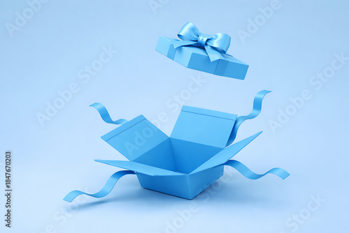 Light blue open gift box with floating lid and ribbons on matching blue background for birthday celebration or product surprise reveal commercial mockup