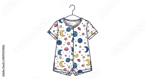 Colorful short sleep romper with celestial patterns, isolated on a white background, hanging on a hanger
