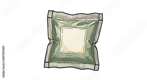 Illustration of a loose tea sachet with green packaging isolated on a white background, showcasing detailed line art and minimalistic design