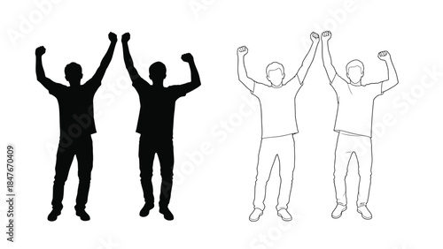 Two men celebrating victory with raised fists in silhouette and outline styles