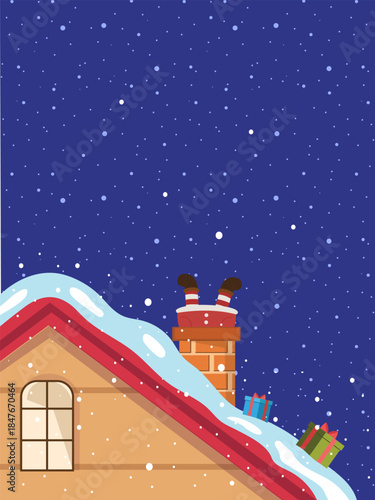 Cute Christmas illustration with Santa Clause. Santa got stuck in the chimney. Gift card design, poster, kids book