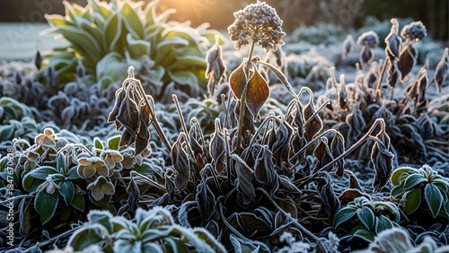 Frost damage on plants in a residential yard. Landscape problems. Cold weather stress. Seasonal damage.