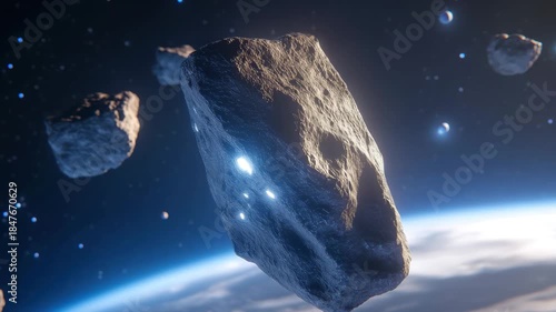 Asteroids are moving through the solar system, with some in close proximity to Earth, 3D of asteroids flying through solar system with planet and blue light in the background