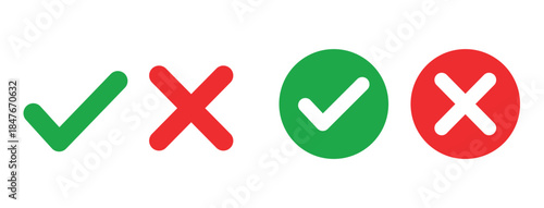 Green check and red cross icons set. Approved and rejected symbols with correct and wrong marks. Yes no validation icons for ui, web, app and business design