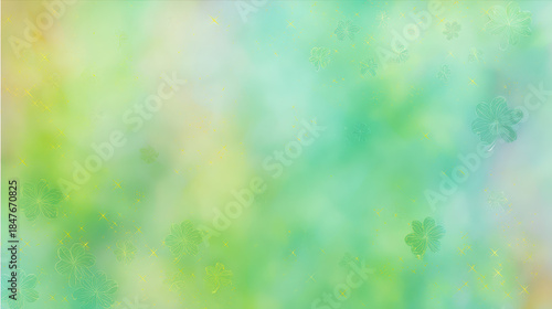 Soft green and blue background with delicate clover shapes and subtle glowing sparkles creating calm and peaceful atmosphere
