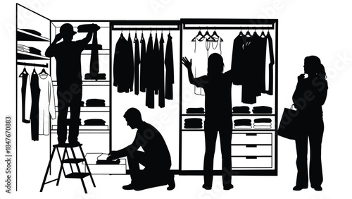 People organizing a large wardrobe closet with clothes and storage drawers