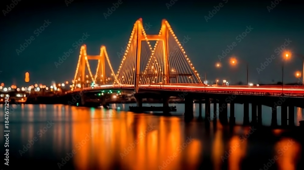 Obraz premium Nighttime Illuminated Bridge Over Water with Reflection in Cityscape