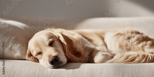 Golden retriever resting on a soft couch in a warm room during the daytime