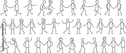silhouette, line art, people, interaction, communication, movement, family, community, connection, gesture, walking, minimal, simple, figures, group, activity, human, illustration, symbolic, concept