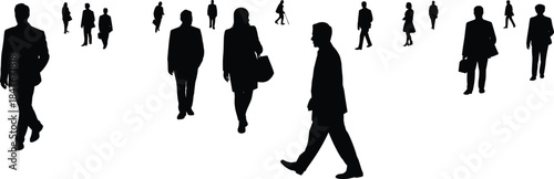 Urban crowd silhouettes walking in different directions on white background, representing business people, diversity, movement, modern lifestyle, teamwork, corporate environment