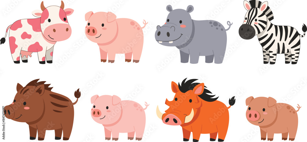 Naklejka premium Cute Farm and Wild Animal Character Set with Pig Cow Hippo Zebra and Boar in Flat Cartoon Vector Illustration