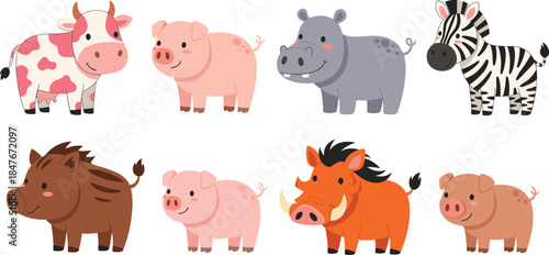 Cute Farm and Wild Animal Character Set with Pig Cow Hippo Zebra and Boar in Flat Cartoon Vector Illustration