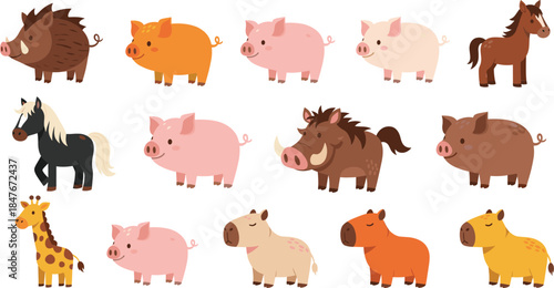 Cute Farm Animal Character Collection with Pigs Horses Boars and Giraffe in Colorful Flat Cartoon Vector Illustration