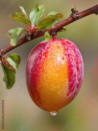 Fresh plum with water droplet on leafy branch